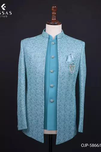 Sky blue textured open jodhpuri suit for men