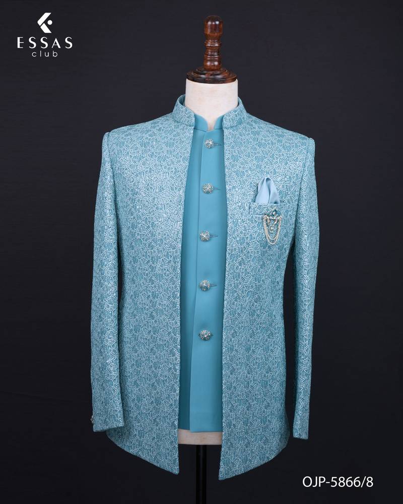 Sky blue textured open jodhpuri suit for men