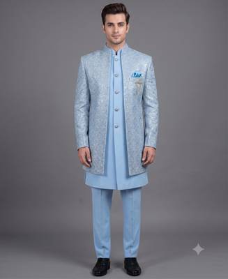 Light blue textured open indowestern suit for men 1
