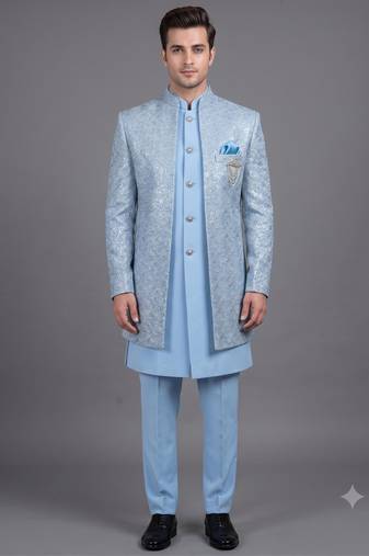Light blue textured open indowestern suit for men