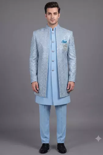 Light blue textured open indowestern suit for men