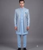 Light blue textured open indowestern suit for men