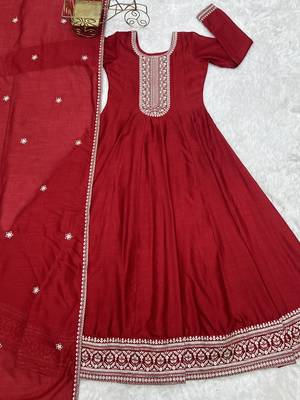 Red vichitra silk embroidery party wear anarkali  gown 5