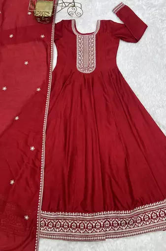 Red vichitra silk embroidery party wear anarkali  gown