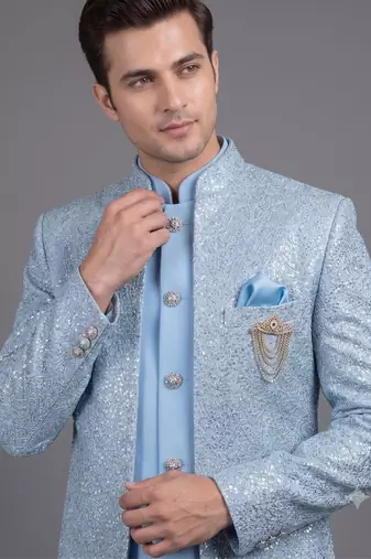 Light blue textured open indowestern suit for men