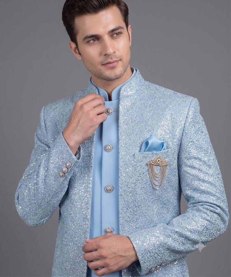 Light blue textured open indowestern suit for men