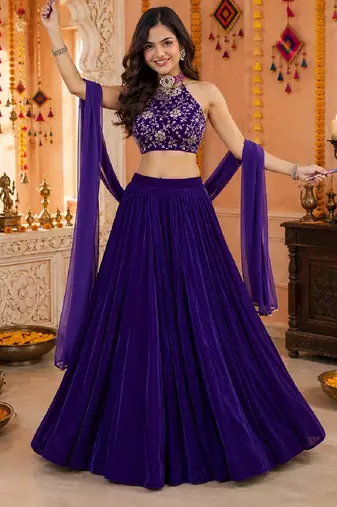 PURPLE SEQUINS & EMBROIDERED VELVET GARBA LEHENGA CHOLI DUPATTA