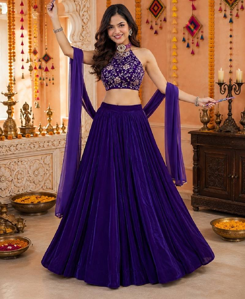 PURPLE SEQUINS & EMBROIDERED VELVET GARBA LEHENGA CHOLI DUPATTA
