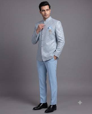Light blue textured bandhgala suit for men 1