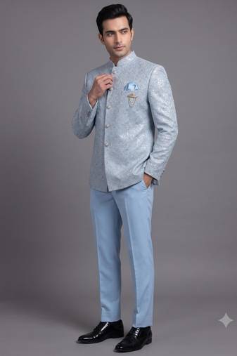 Light blue textured bandhgala suit for men