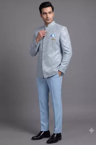 Light blue textured bandhgala suit for men