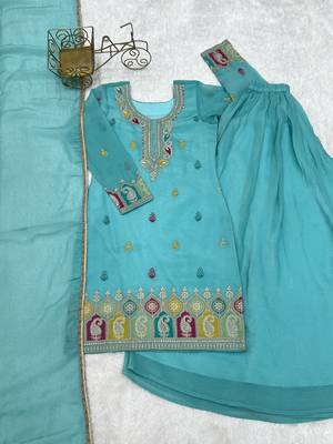 Sky blue soft crunshy silk embroidery sharara suit 5