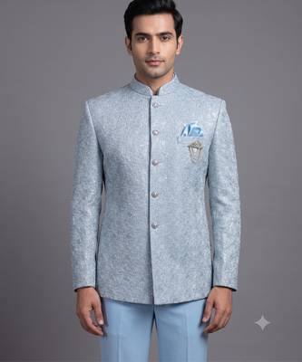 Light blue textured bandhgala suit for men 2