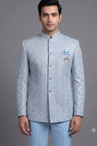 Light blue textured bandhgala suit for men