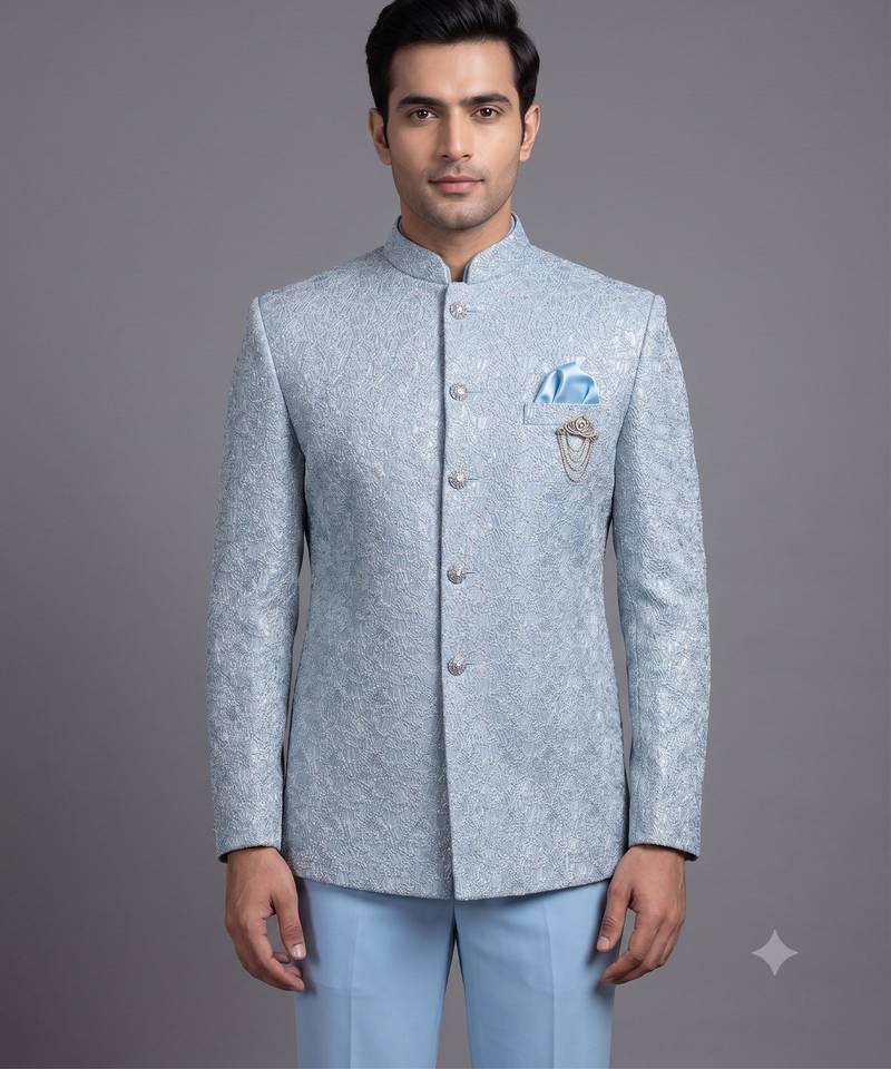 Light blue textured bandhgala suit for men