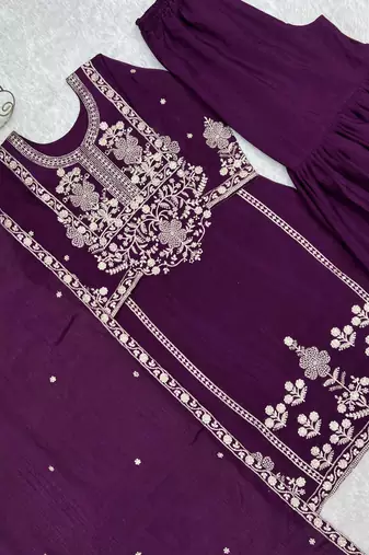 Purple chinon silk embroidery party wear sharara suit set