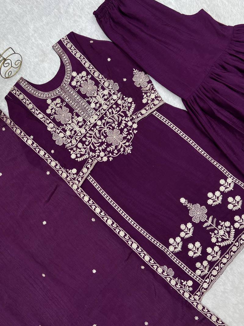Purple chinon silk embroidery party wear sharara suit set