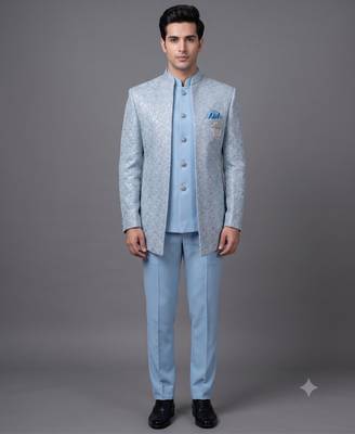 Light blue textured open jodhpuri suit for men 1
