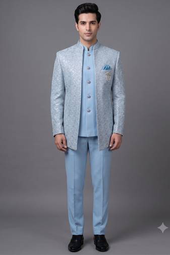 Light blue textured open jodhpuri suit for men