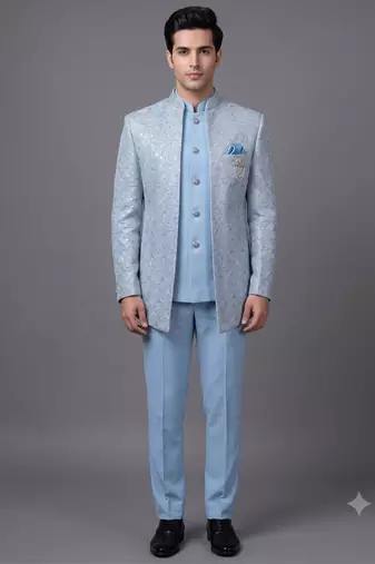 Light blue textured open jodhpuri suit for men