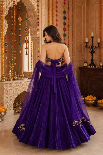 PURPLE SEQUINS & EMBROIDERED VELVET GARBA LEHENGA CHOLI DUPATTA