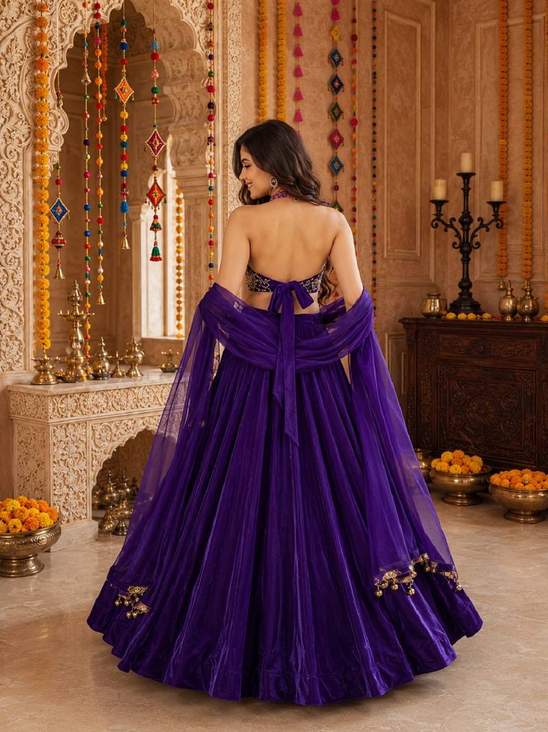 PURPLE SEQUINS & EMBROIDERED VELVET GARBA LEHENGA CHOLI DUPATTA