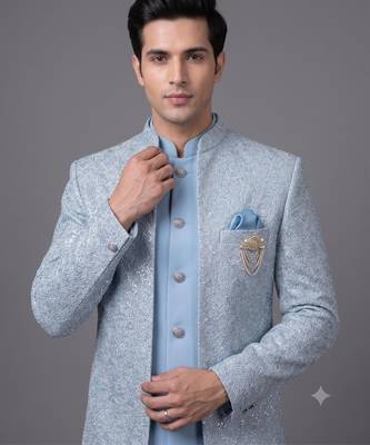 Light blue textured open jodhpuri suit for men 2