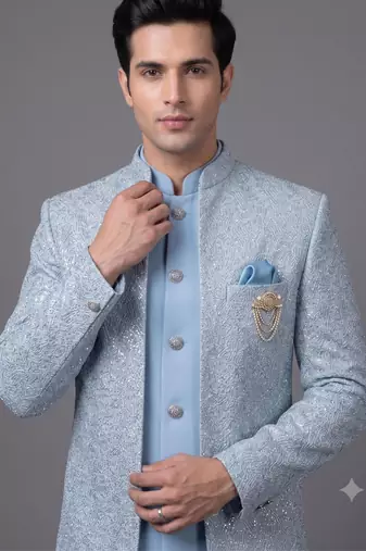 Light blue textured open jodhpuri suit for men