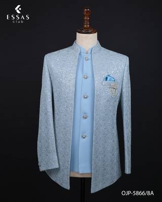 Light blue textured open jodhpuri suit for men 3