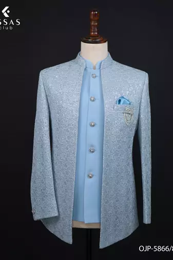 Light blue textured open jodhpuri suit for men