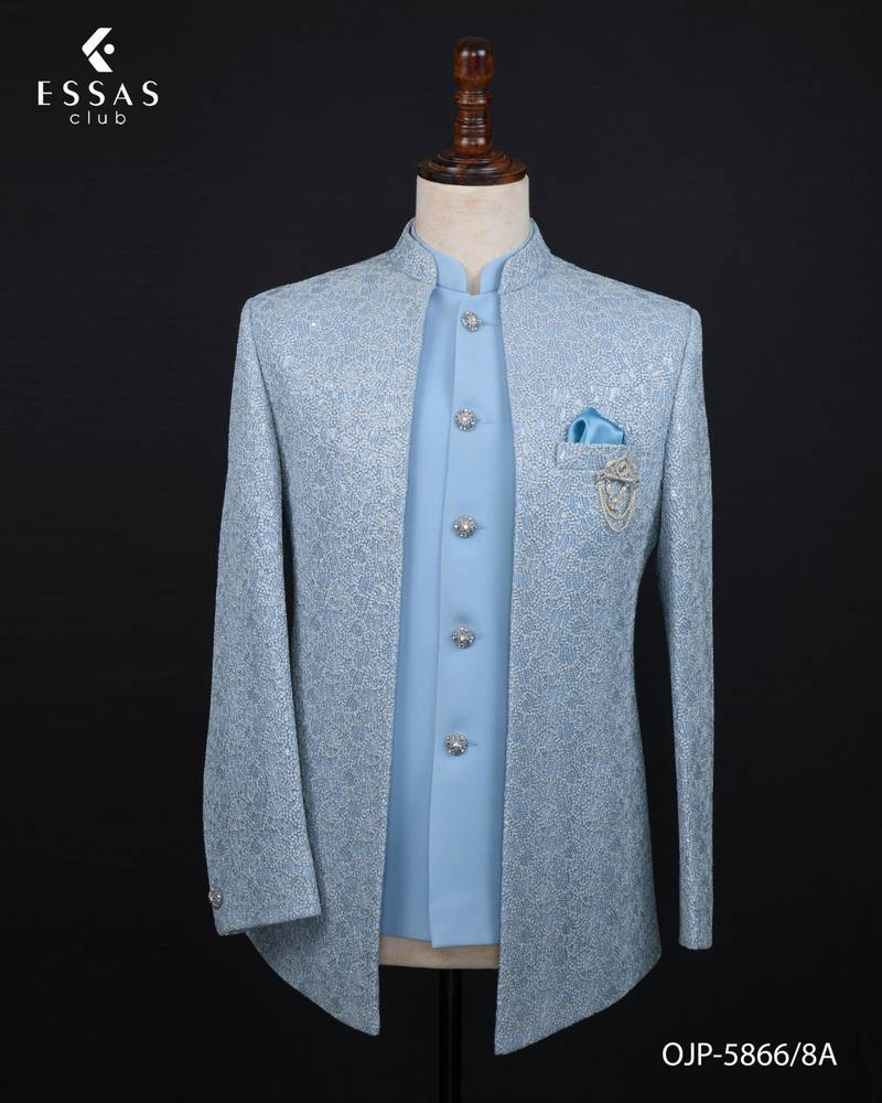 Light blue textured open jodhpuri suit for men