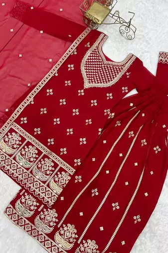 Red fuax georgette embroidery party wear sharara  suit set