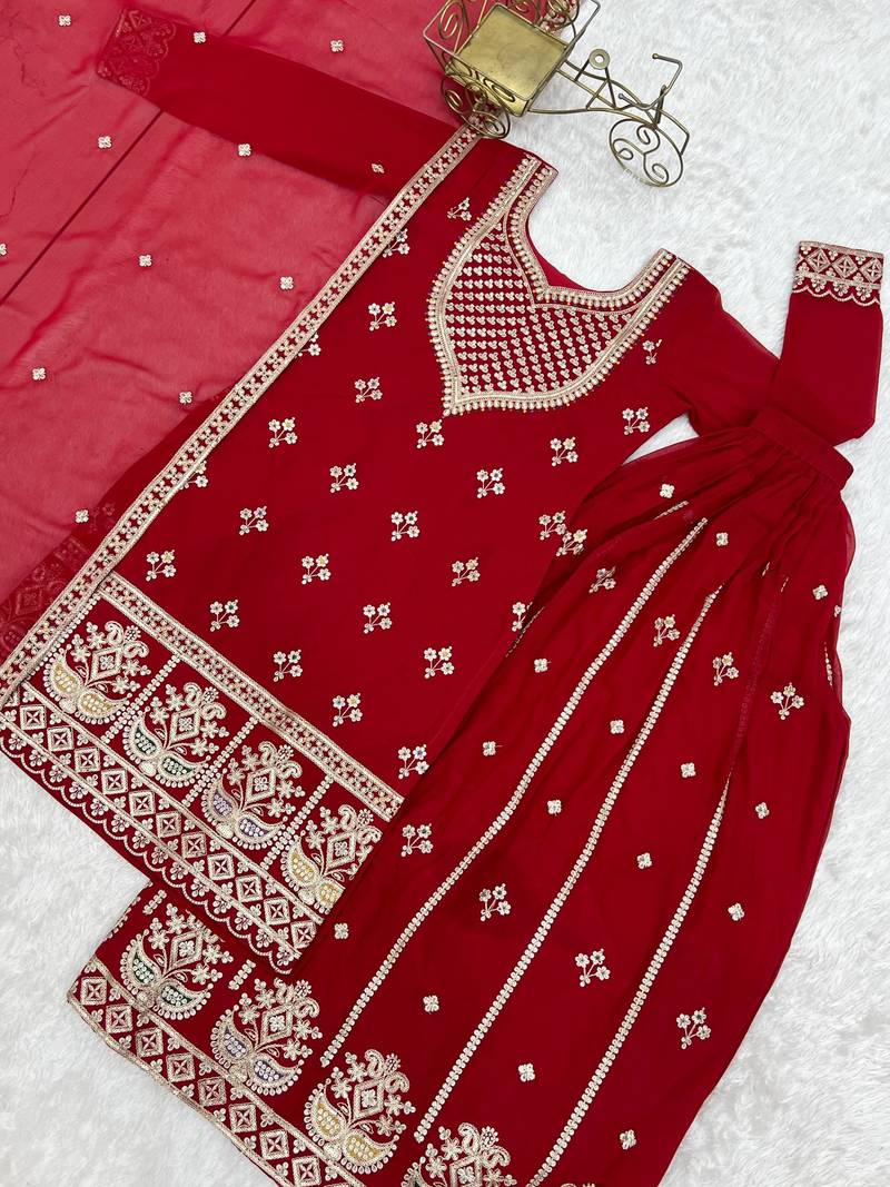 Red fuax georgette embroidery party wear sharara  suit set
