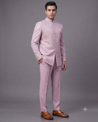 Pastel pink textured bandhgala suit for men 1