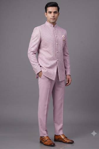 Pastel pink textured bandhgala suit for men