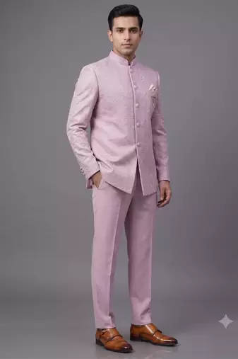Pastel pink textured bandhgala suit for men