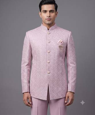 Pastel pink textured bandhgala suit for men 2