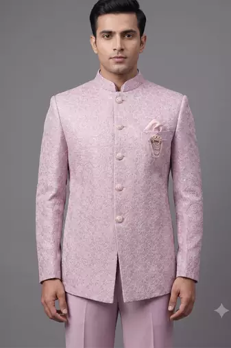 Pastel pink textured bandhgala suit for men