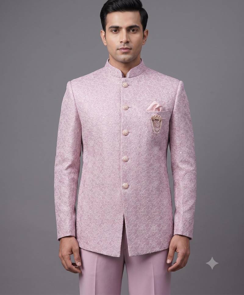 Pastel pink textured bandhgala suit for men
