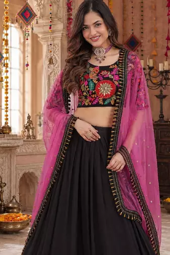 BLACK SEQUINS & EMBROIDERED GEORGETTE LEHENGA CHOLI DUPATTA