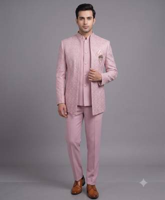 Pastel pink textured open jodhpuri suit for men 1