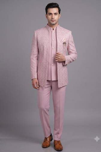 Pastel pink textured open jodhpuri suit for men