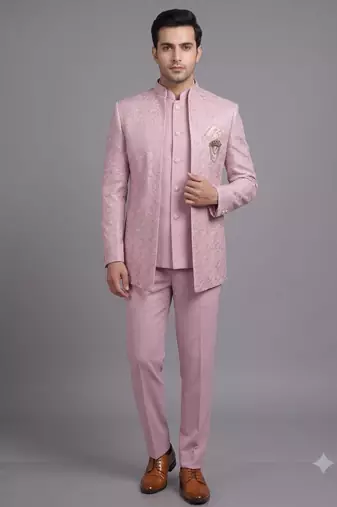 Pastel pink textured open jodhpuri suit for men