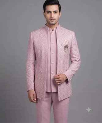Pastel pink textured open jodhpuri suit for men 2