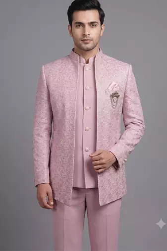 Pastel pink textured open jodhpuri suit for men