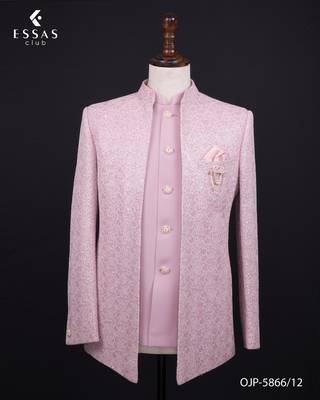 Pastel pink textured open jodhpuri suit for men 3