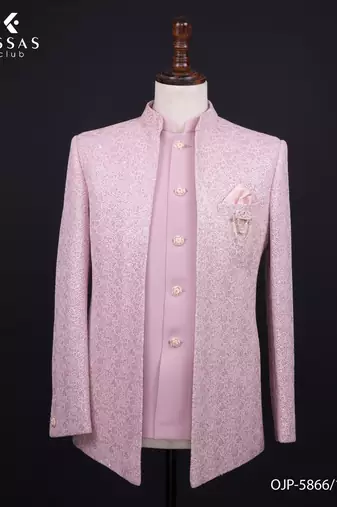 Pastel pink textured open jodhpuri suit for men