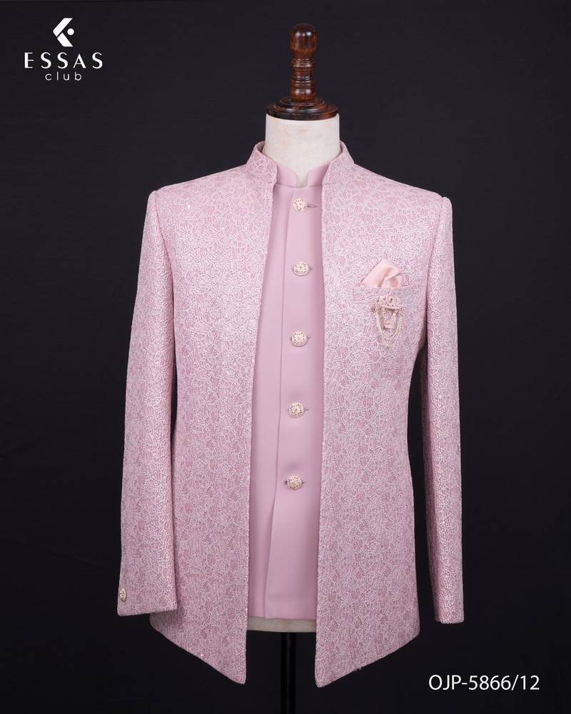 Pastel pink textured open jodhpuri suit for men