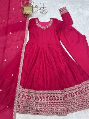 Pink  vichitra silk embroidery party wear anarkali  suit set 5