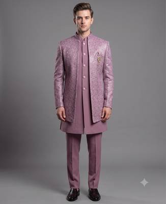 Dusty mauve textured open indowestern suit for men 1